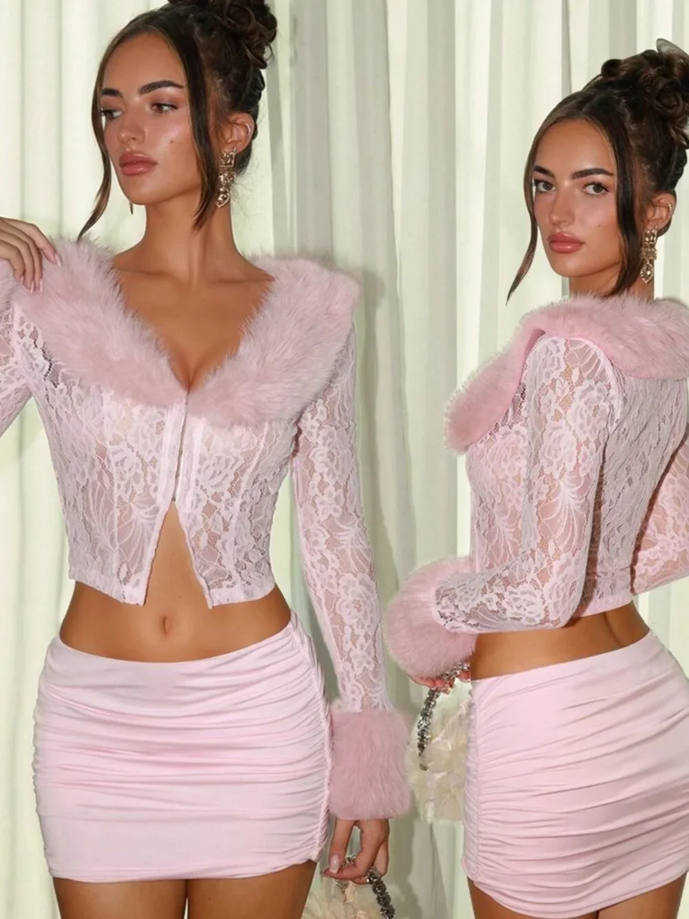 Pink Party Women's faux Fur trim Sheer Lace Long Sleeve top & Mini Skirt Set